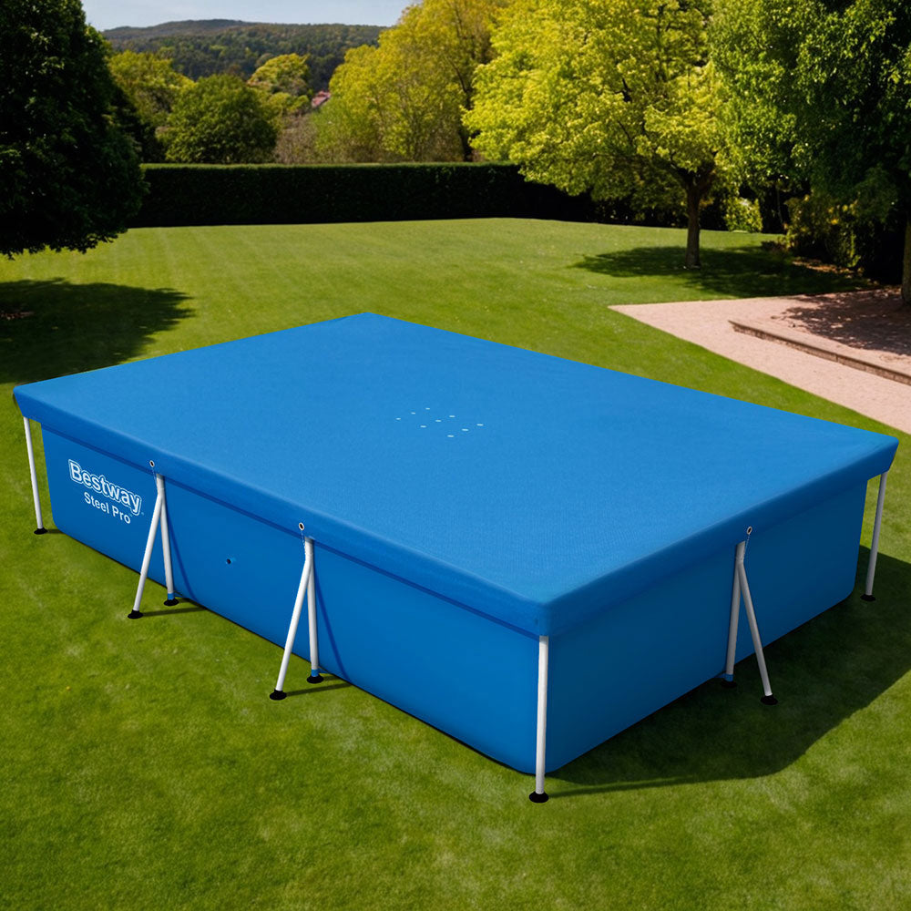 Blue Bestway SteePro pool cover on above-ground frame with corner tie points