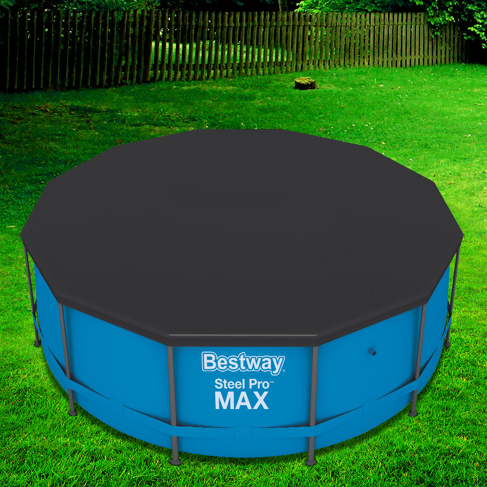 Round pool cover for above-ground pools, dark gray top with blue side panels