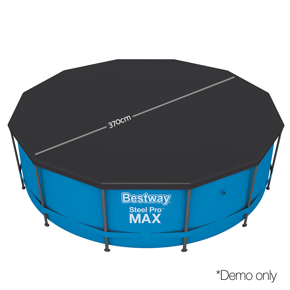 Round pool cover with dark gray octagonal top and blue base for 3.7 m pools