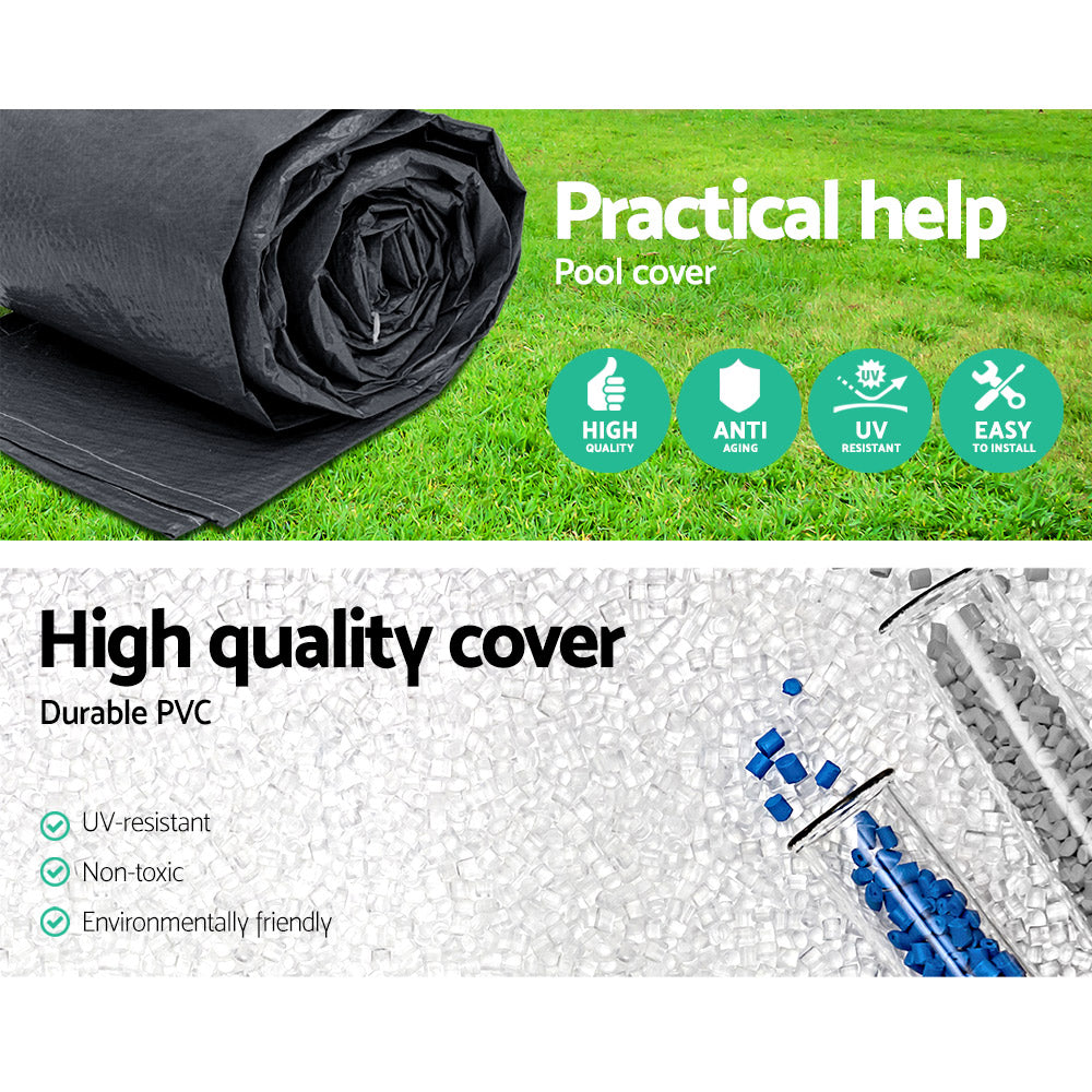 Rolled black PVC pool cover on grass with feature icons