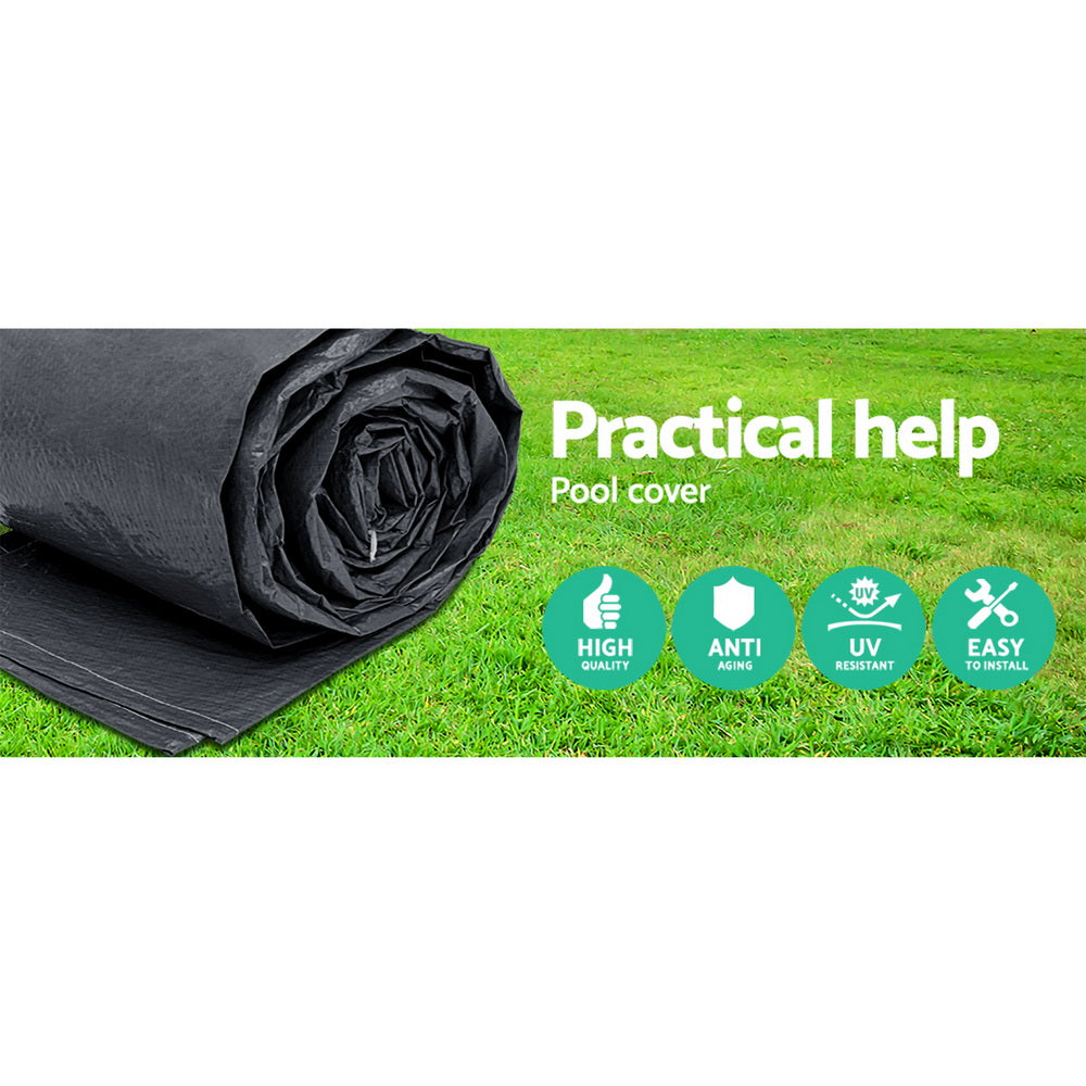 Rolled black PVC pool cover on grass with quality and UV icons