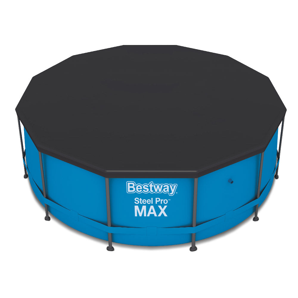 Round pool cover with dark gray octagonal top, blue sides, and black support legs