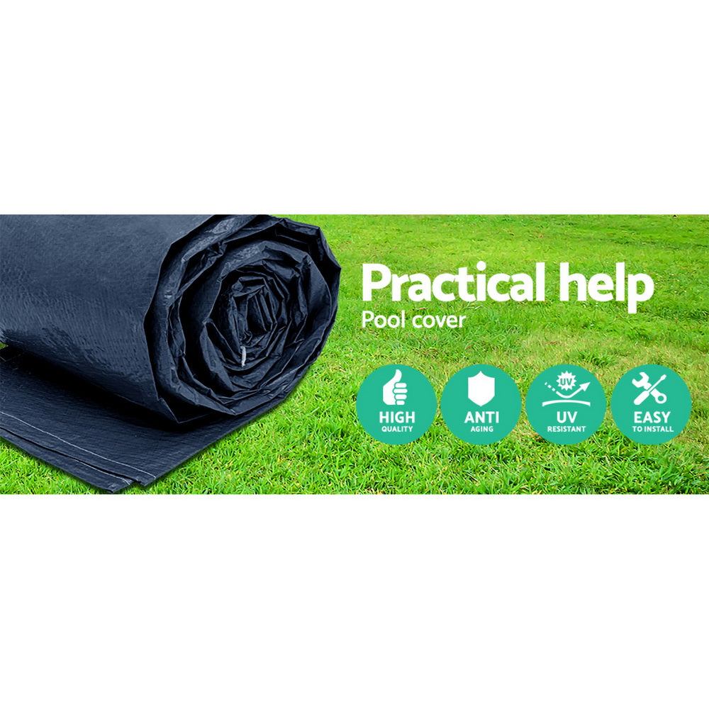 Rolled dark blue PVC pool cover on grass, practical help graphic layout