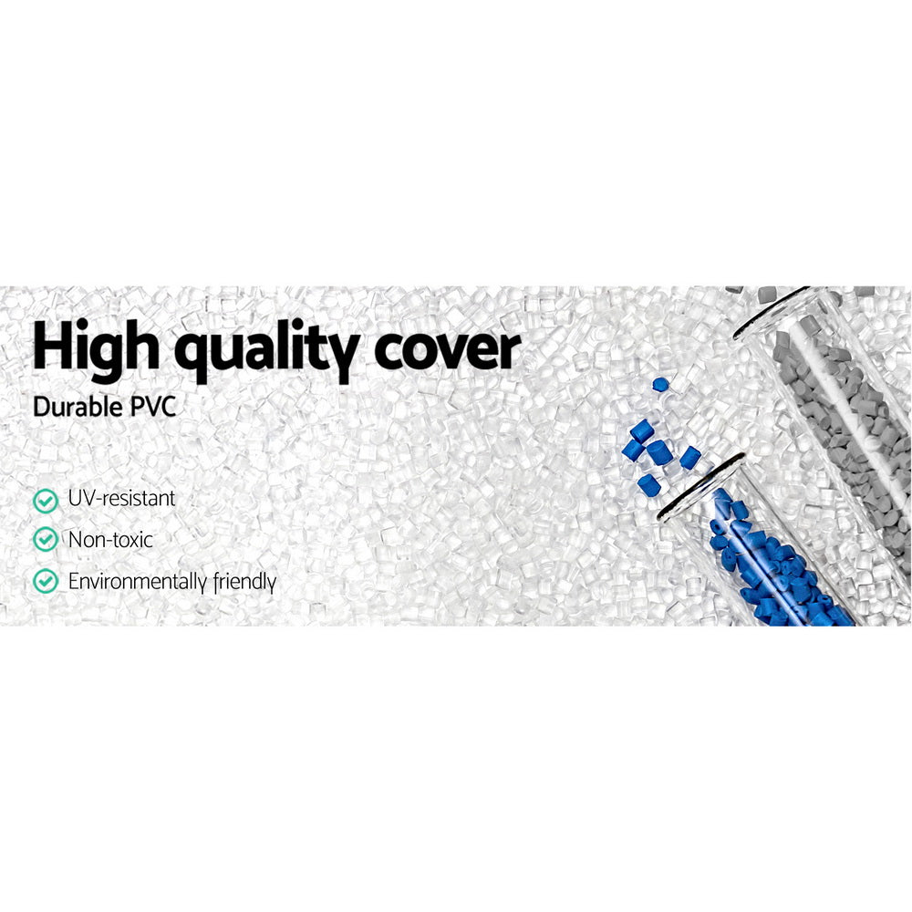 Rolled dark blue PVC pool cover with small blue tools shown, informational layout