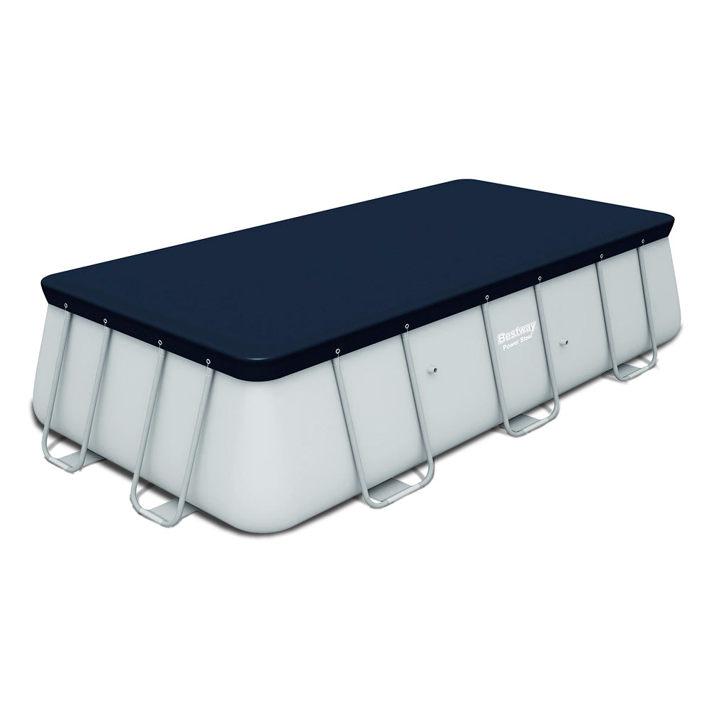 Above-ground pool with dark blue PVC cover fitted, corner view