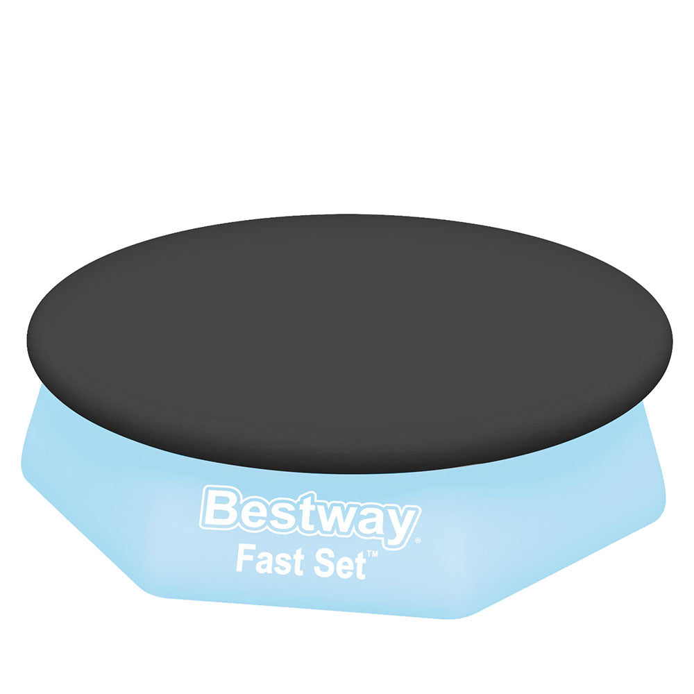 Round black pool cover with blue side skirt and Bestway Fast Set branding