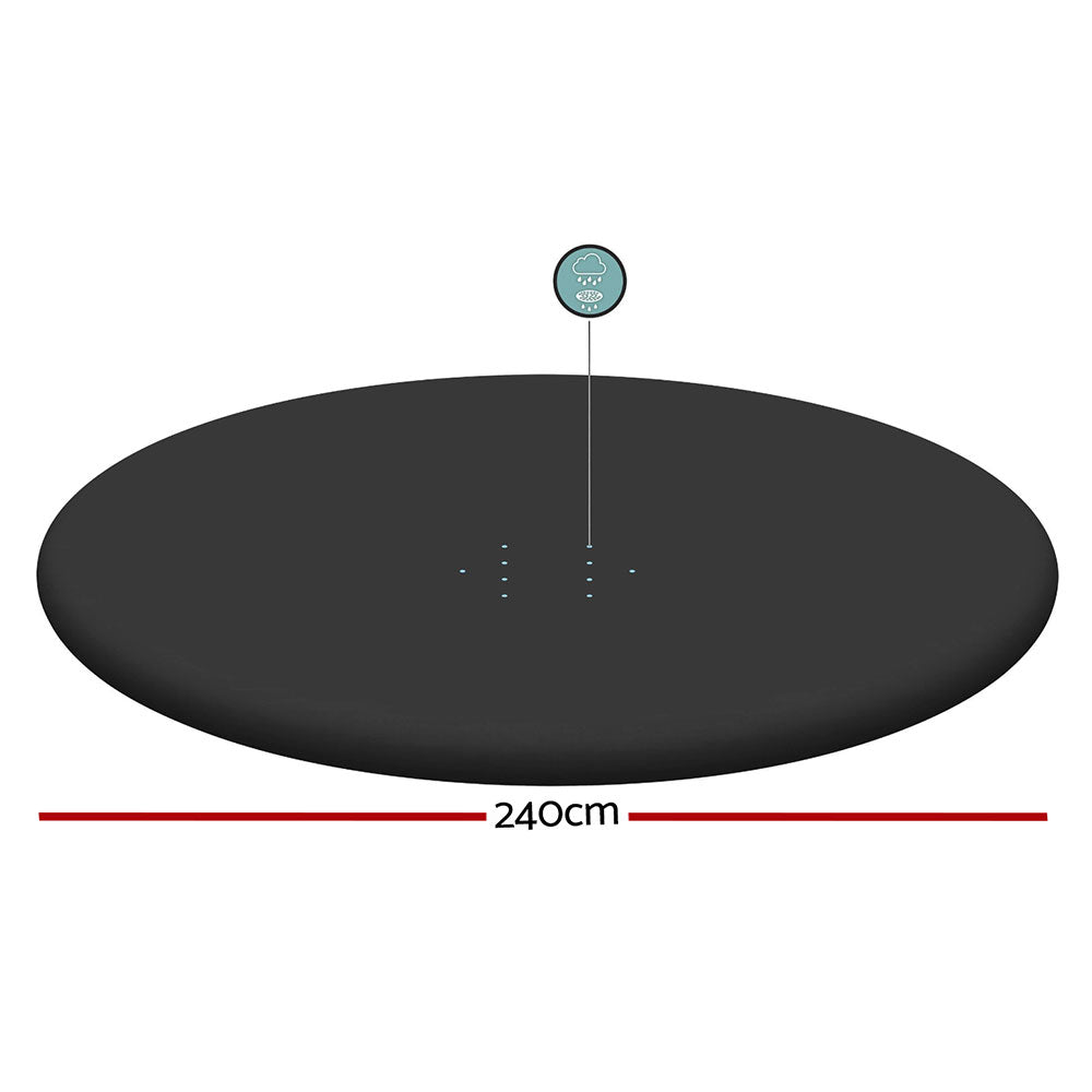 Round black pool cover with center tie points and 240 cm diameter label