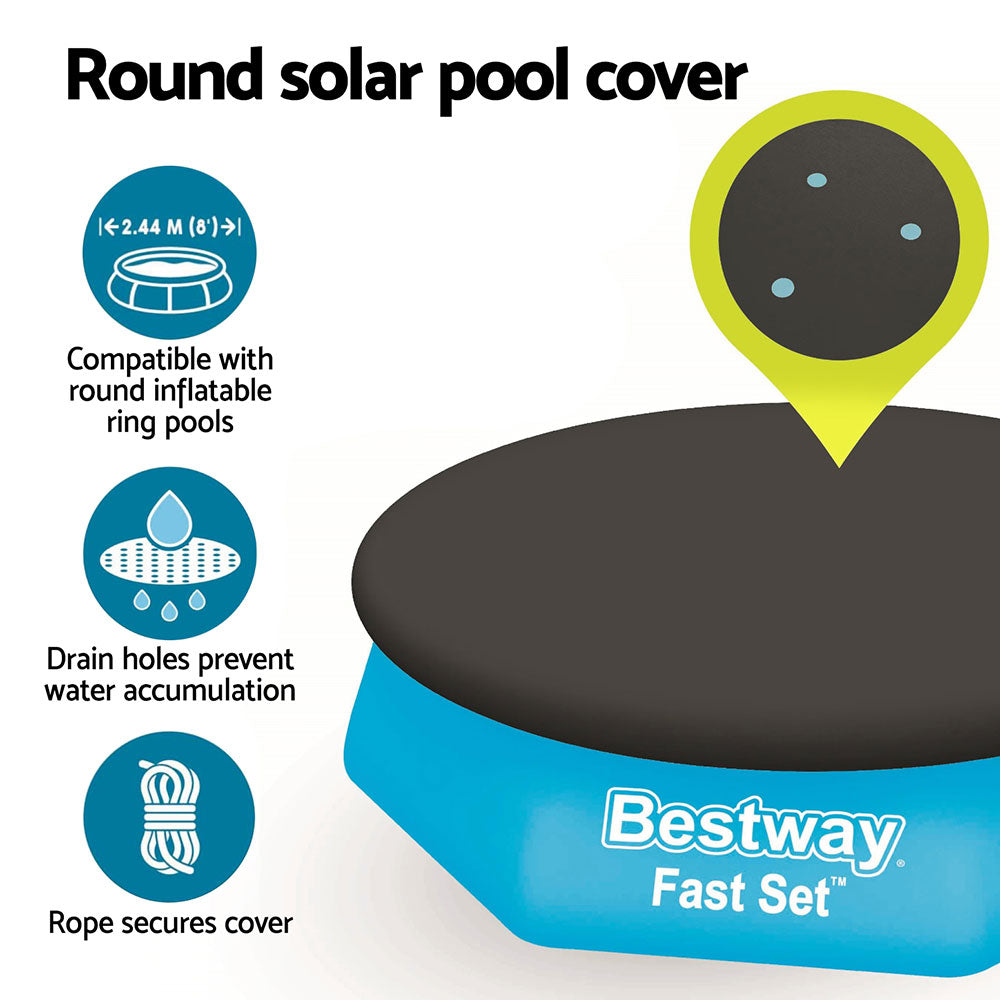 Round solar pool cover with dark top and blue sides