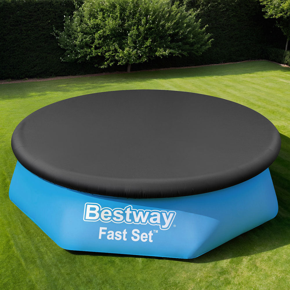 Round black pool cover on a blue above-ground pool with Bestway Fast Set logo