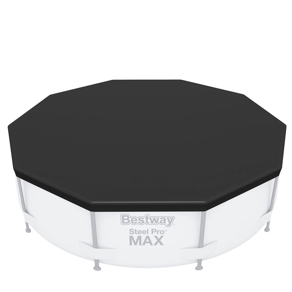 Round black pool cover with fitted octagonal top over an above-ground pool frame