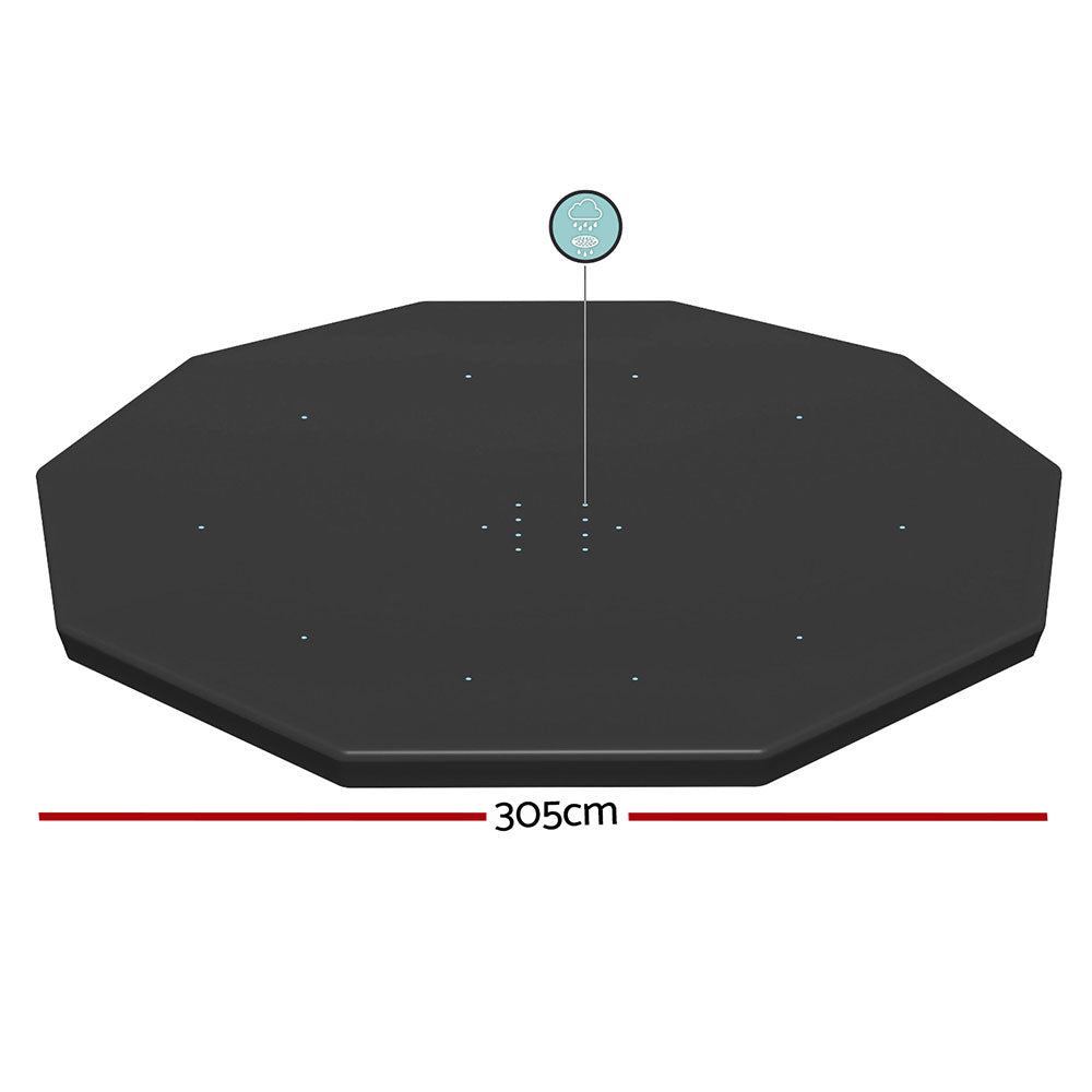 Round black pool cover, 305 cm width, with small drain holes visible on top