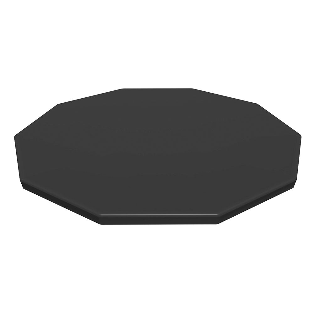 Round black pool cover with fitted octagonal shape for an above-ground pool