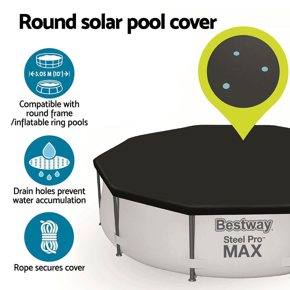 Round black solar pool cover with rope fastening and drain holes to prevent pooling water