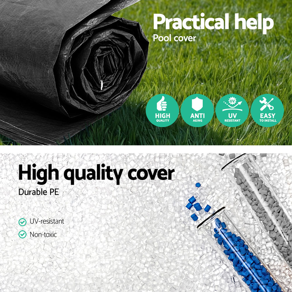Rolled black round pool cover with UV-resistant and anti-aging icons on packaging