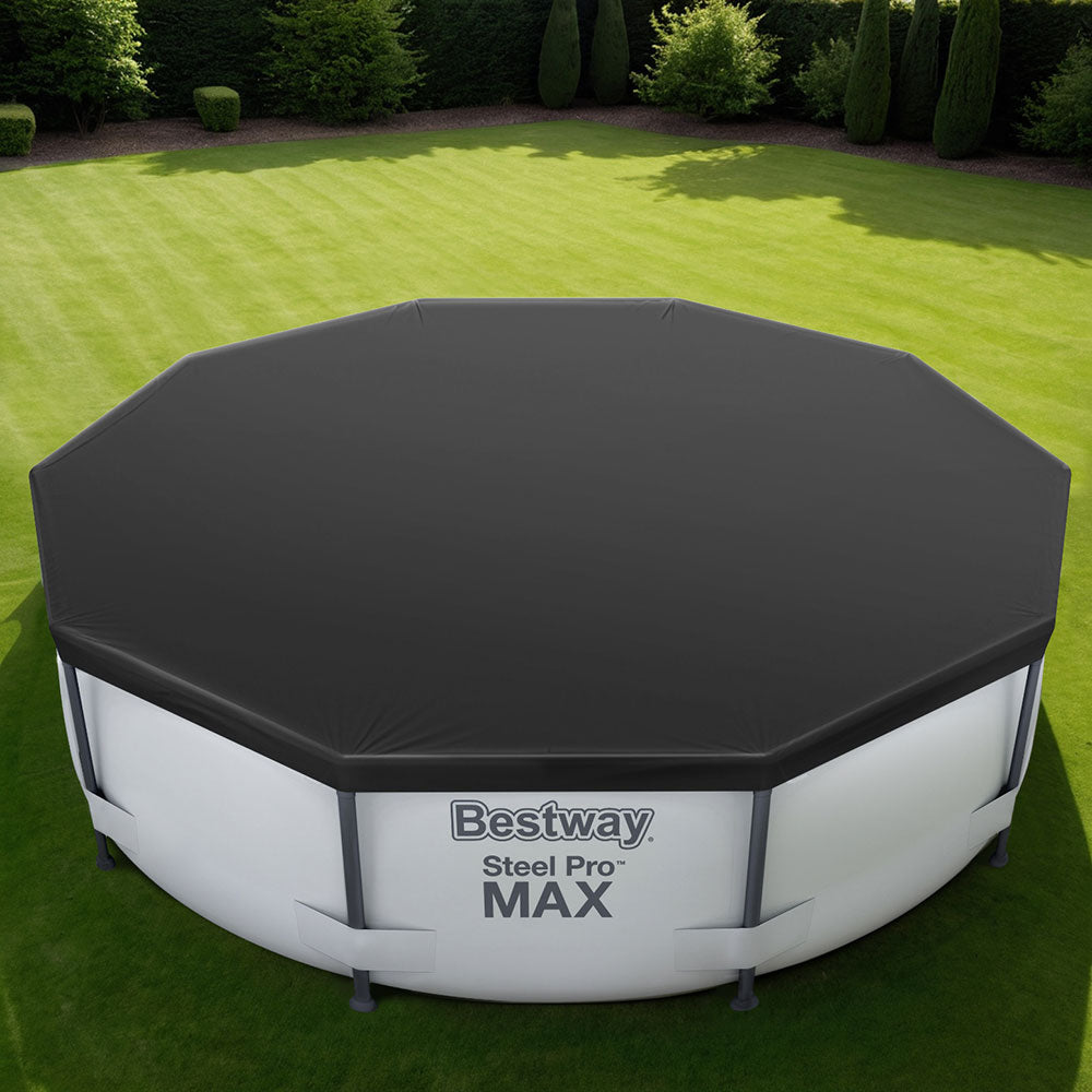 Round black pool cover fitted over above-ground pool with steel frame legs visible