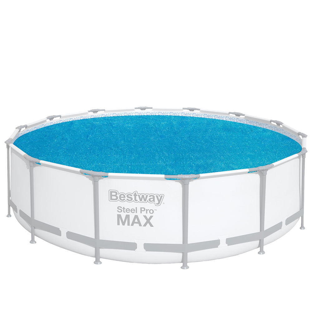 Round solar pool cover with blue fabric on above-ground pool rim and tie straps