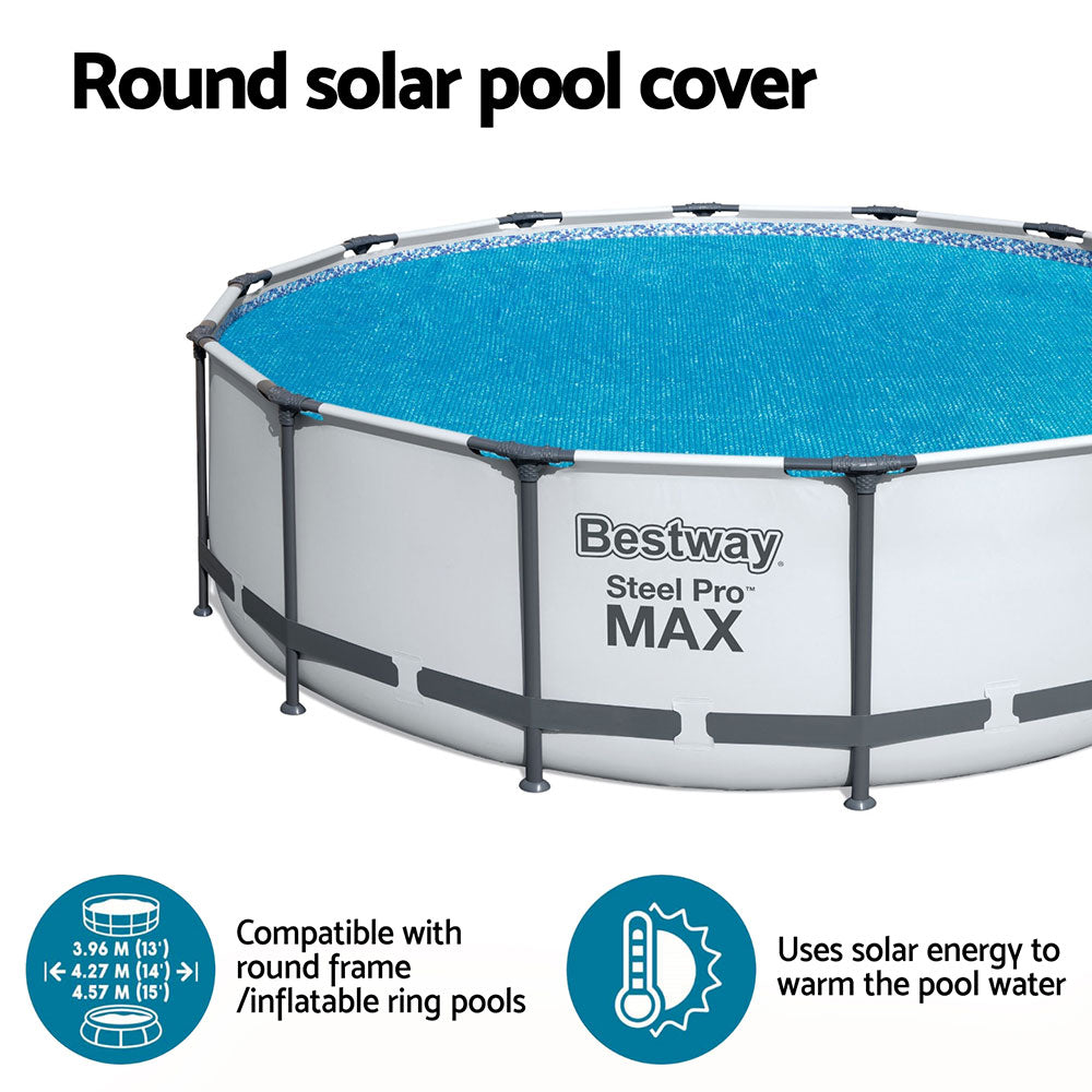 Round solar pool cover with blue top on above-ground pool frame