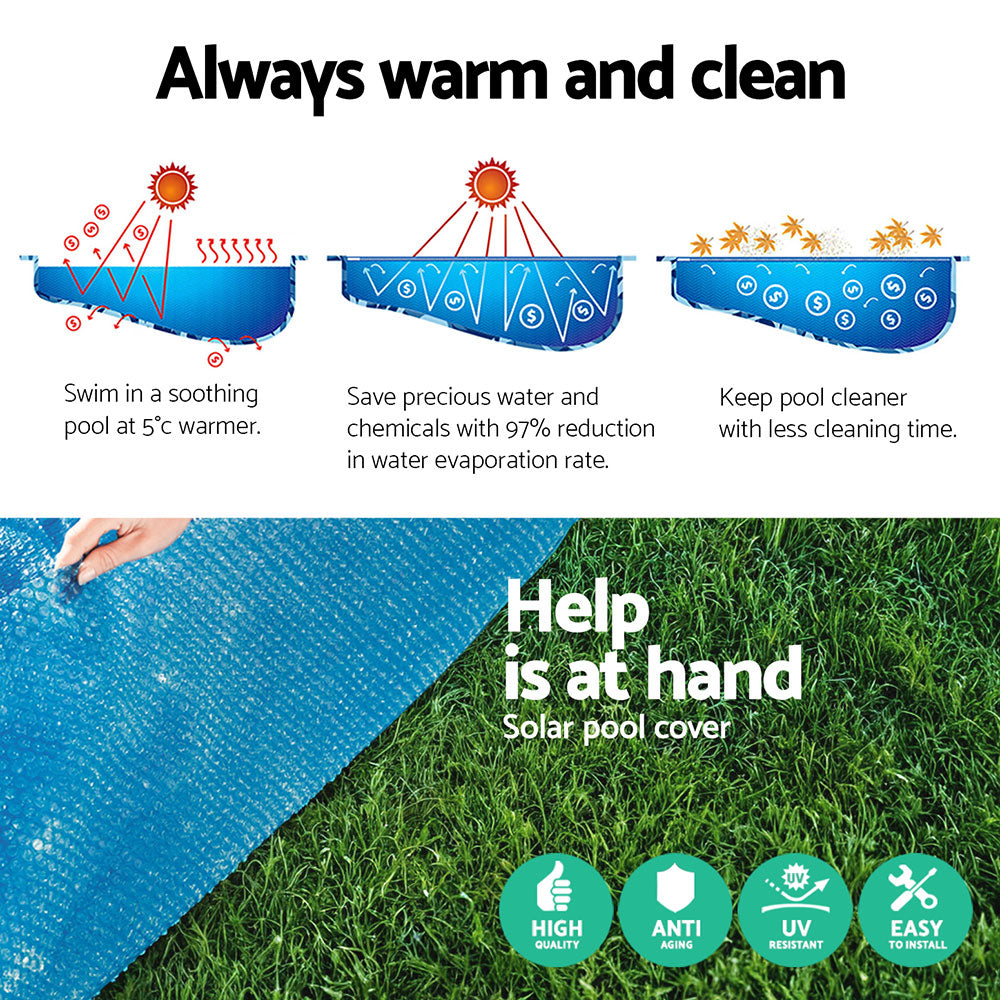 Solar pool cover benefits graphic with blue cover illustration and icons