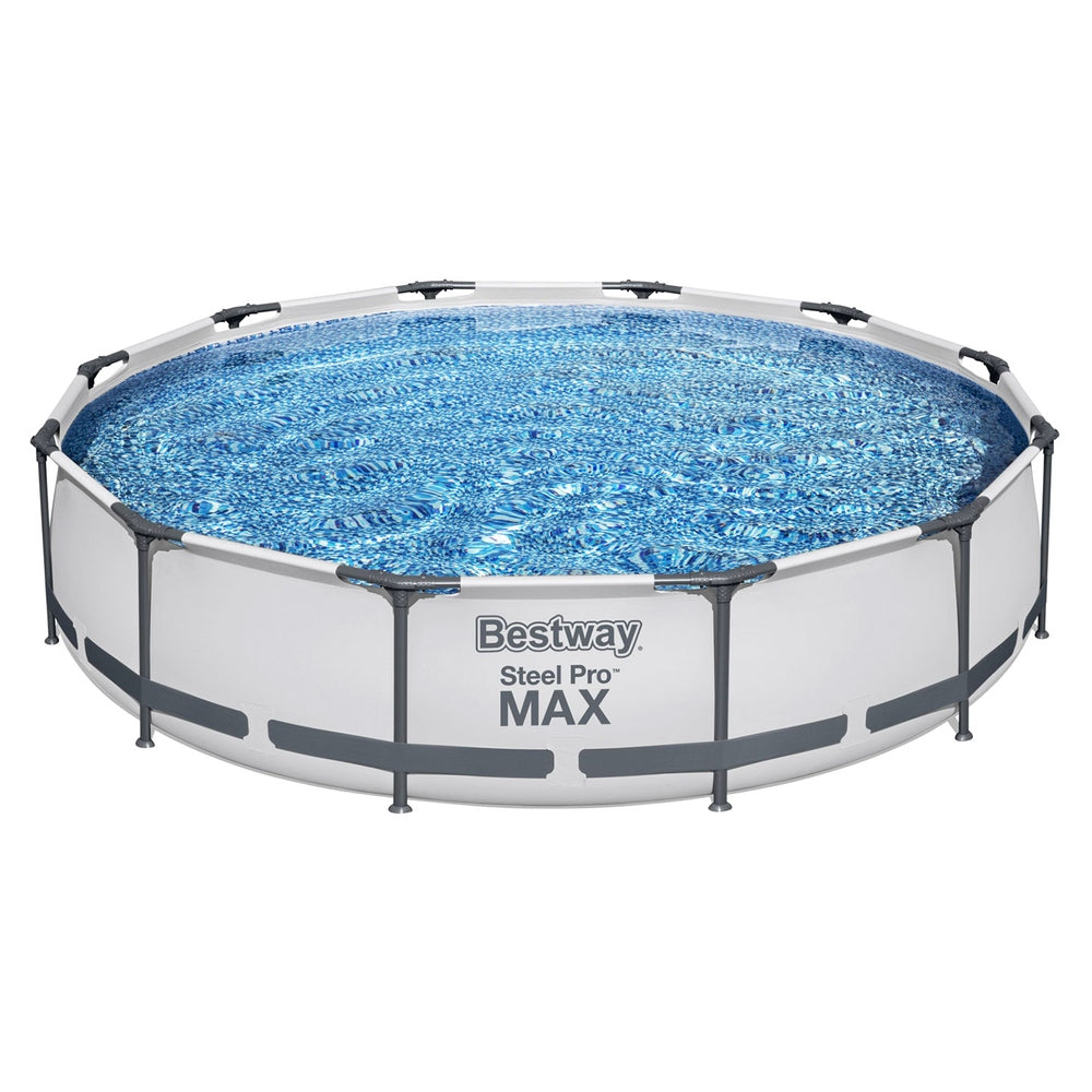 Round above-ground swimming pool with blue water and Bestway Steel Pro MAX frame