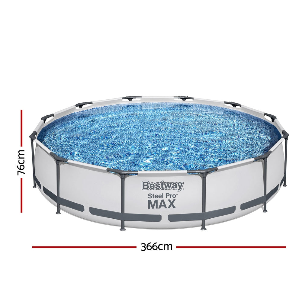 Round above-ground pool with blue water; 366 cm width and 76 cm height