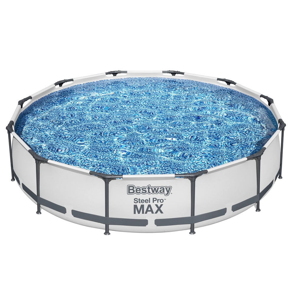 Round above-ground swimming pool with blue water and Bestway Steel Pro MAX frame