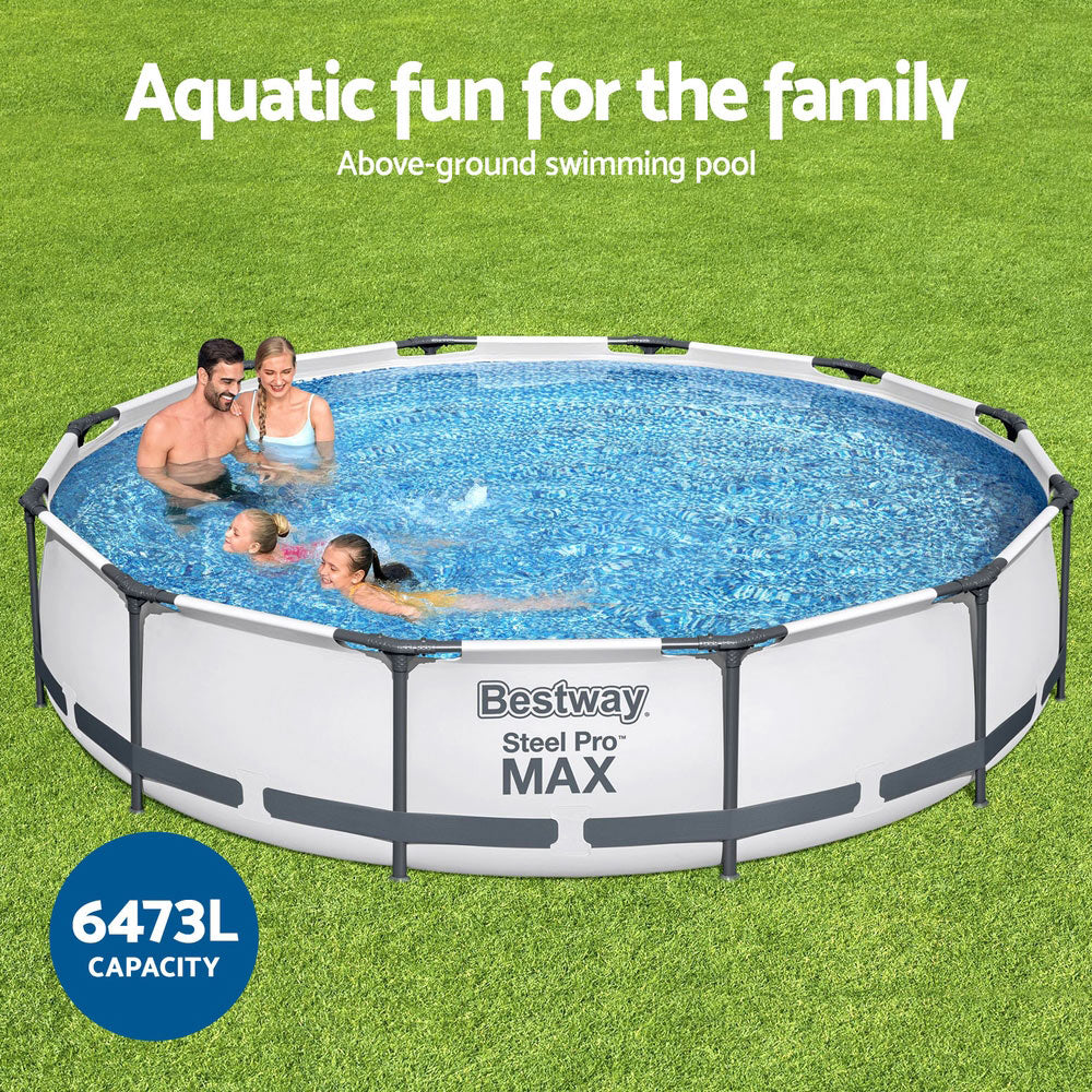 Round above-ground pool with blue water and Bestway Steel Pro MAX steel frame