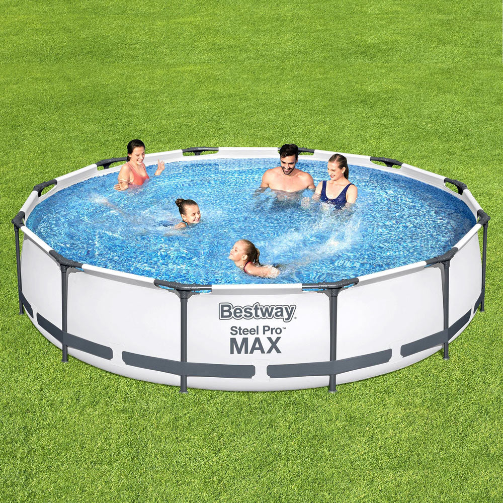 Round above-ground swimming pool with blue water and Bestway Steel Pro MAX frame