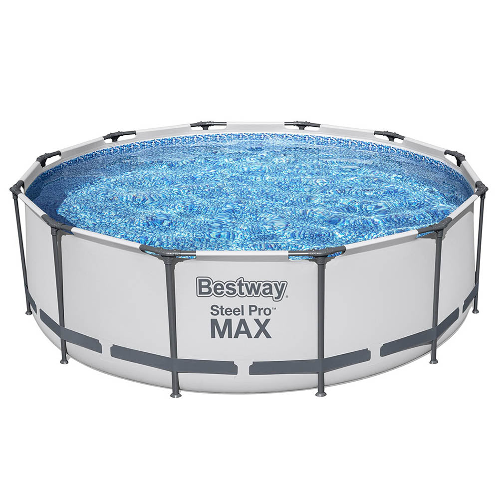 Round above-ground swimming pool with blue water and Bestway Steel Pro MAX steel frame