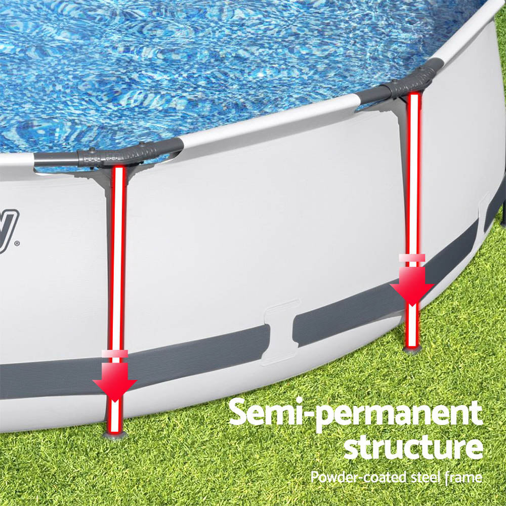 Pool side wall with blue liner and powder-coated steel frame, Bestway semi-permanent structure