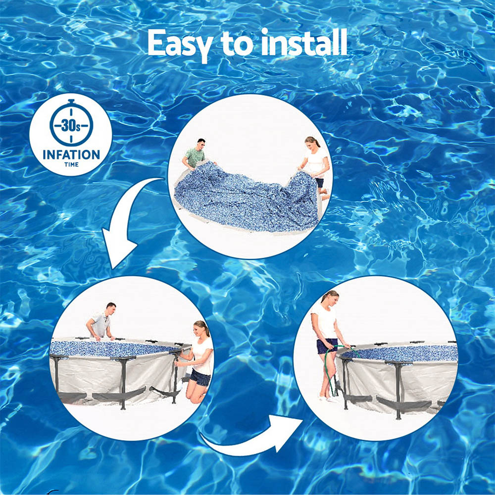 Above-ground pool setup graphic over blue water, 30s inflation time and installation steps