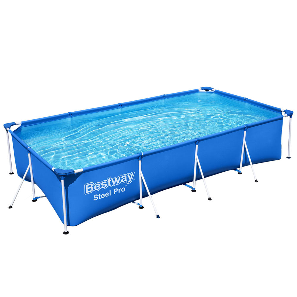 Above-ground swimming pool with steel frame, blue liner, and Bestway Steel Pro logo