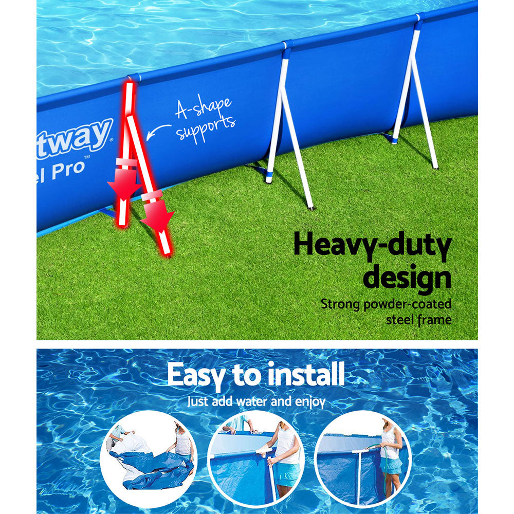 Swimming pool with blue sidewall and support legs, outdoor installation on grass