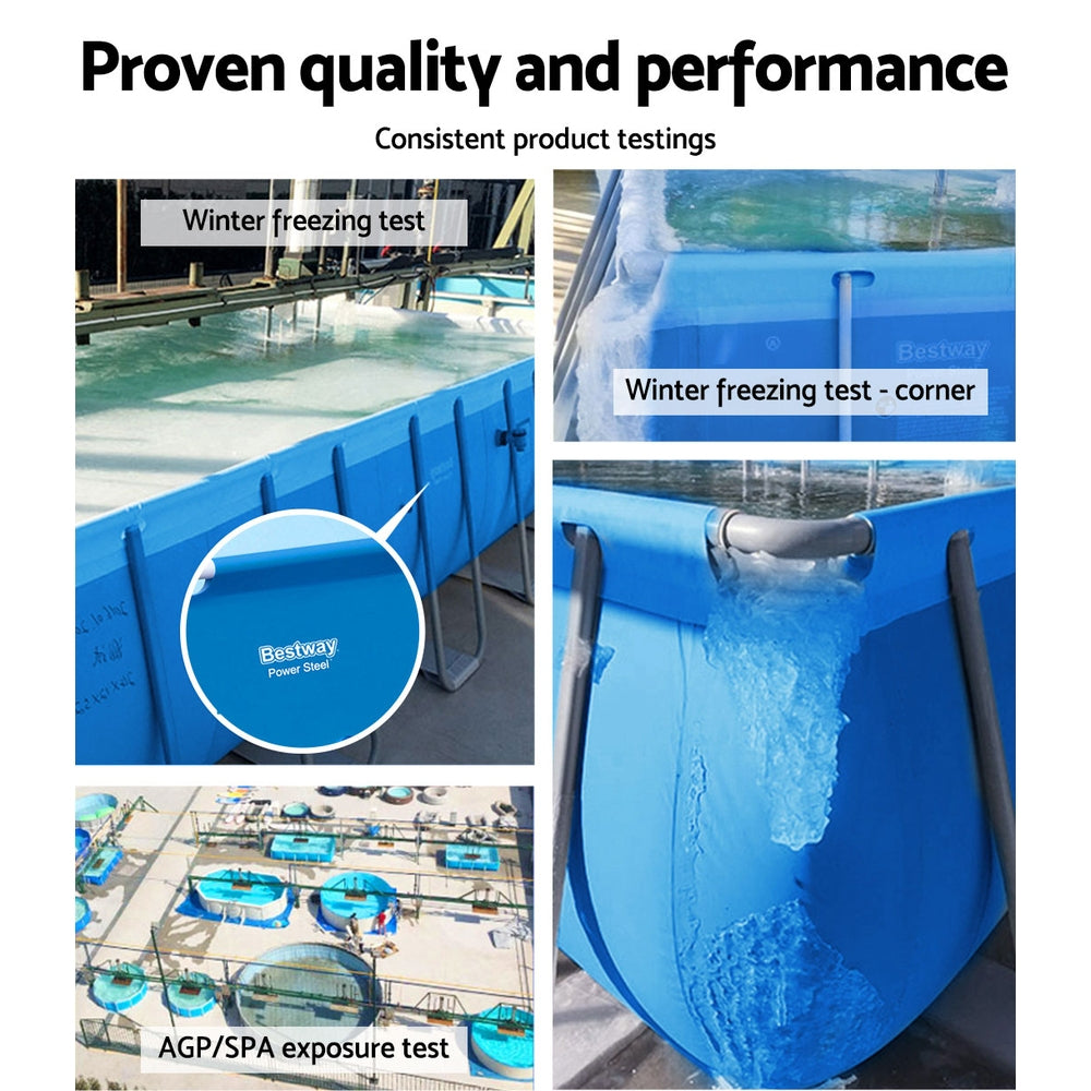 Swimming pool sidewall with fitted hose connection, shown in water test photos