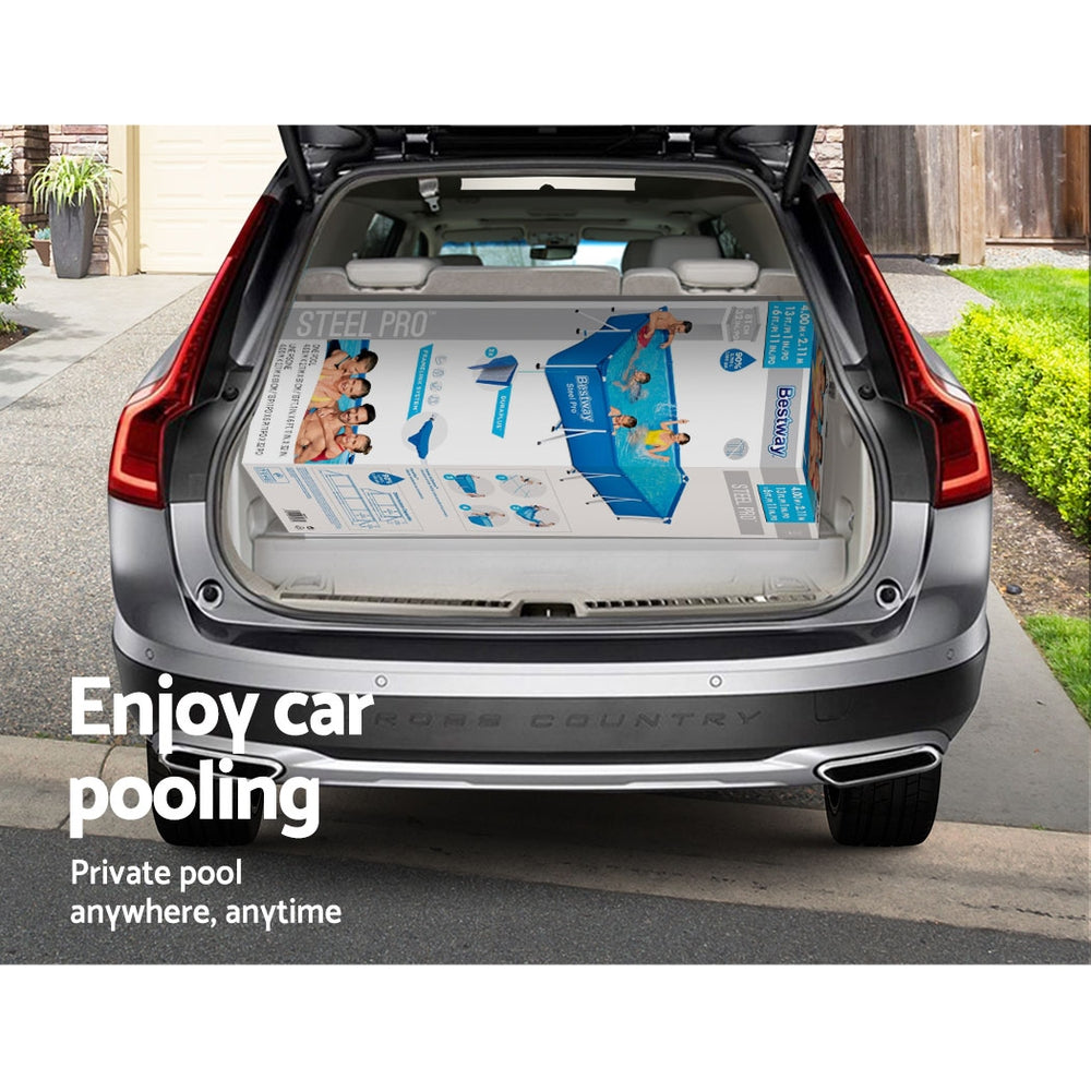 Car trunk with packaged above-ground pool parts and instruction diagrams inside