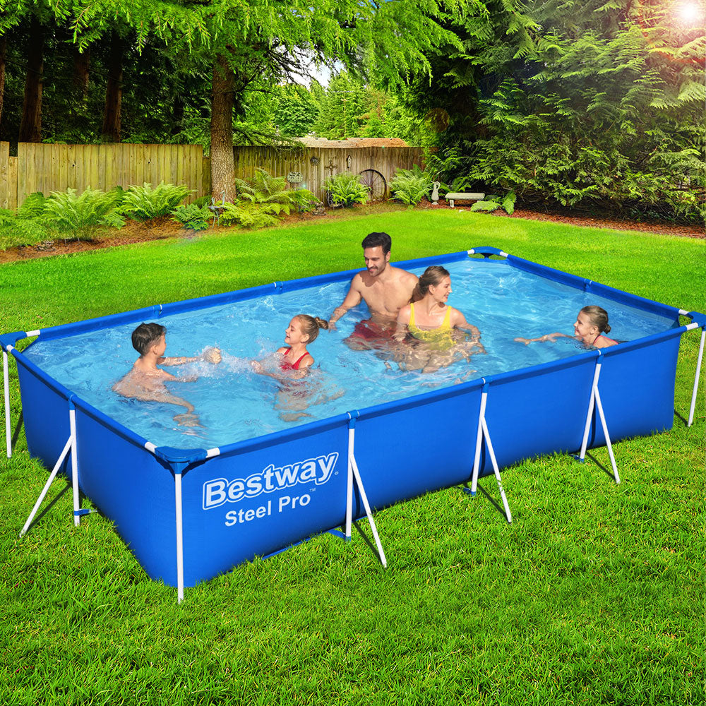 Above-ground swimming pool with blue frame and liner, Bestway Steel Pro, family in yard
