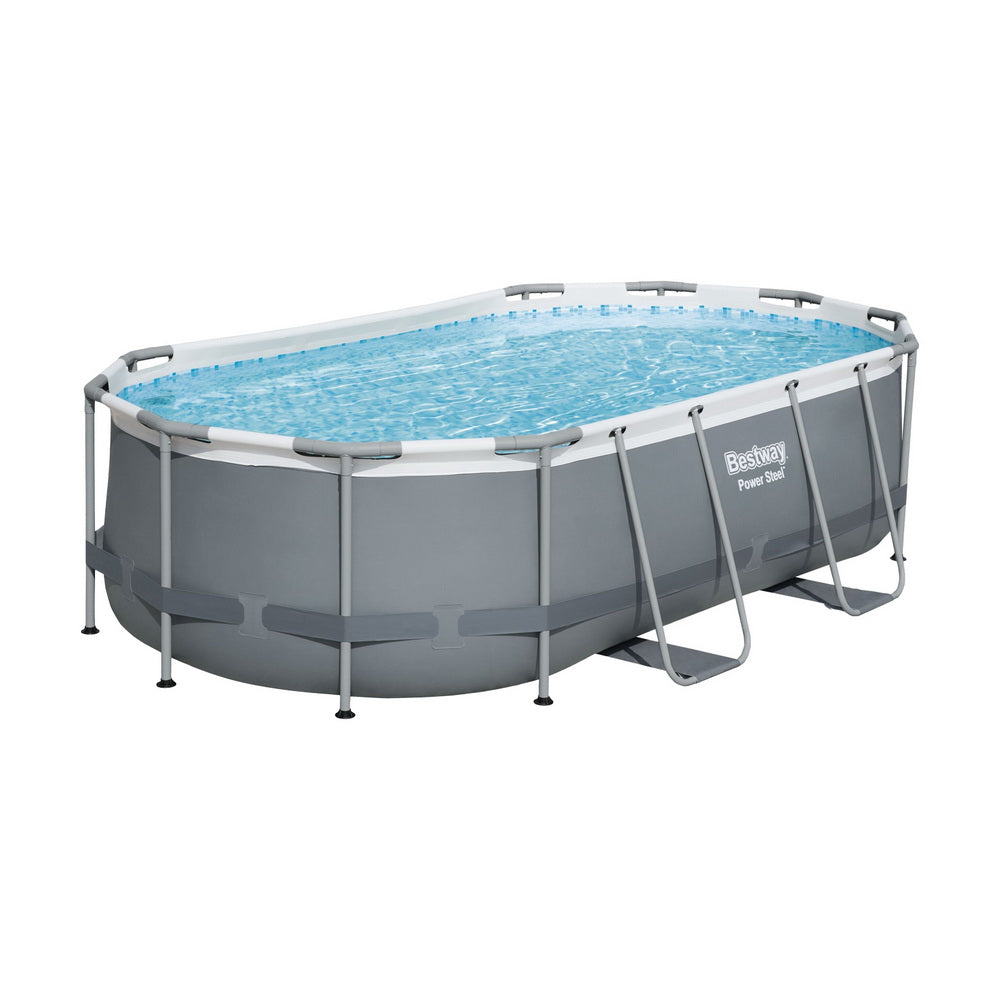 Above-ground swimming pool with gray frame and light blue water, oval shape