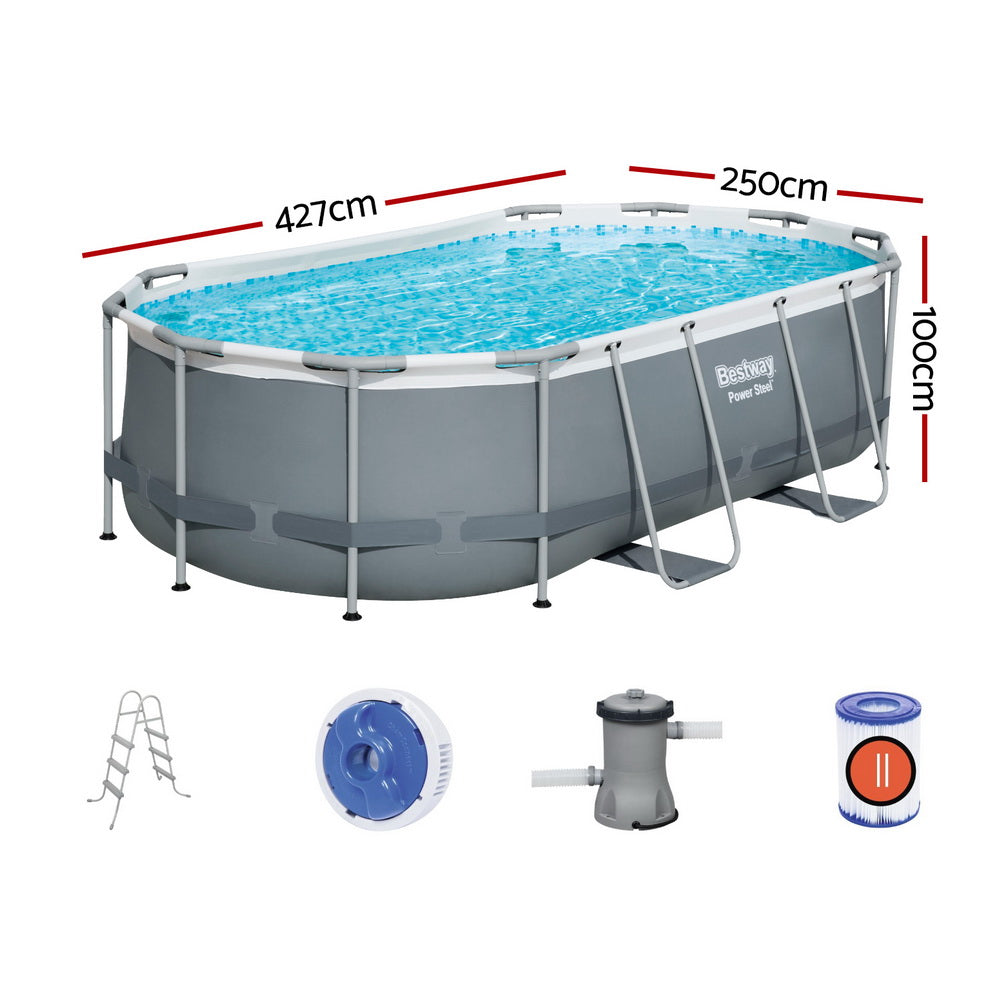Above-ground swimming pool with gray frame and blue water plus included ladder and pump