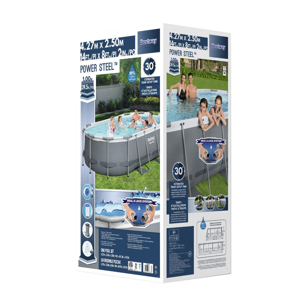 Above-ground swimming pool kit box with printed pool, features, and accessories