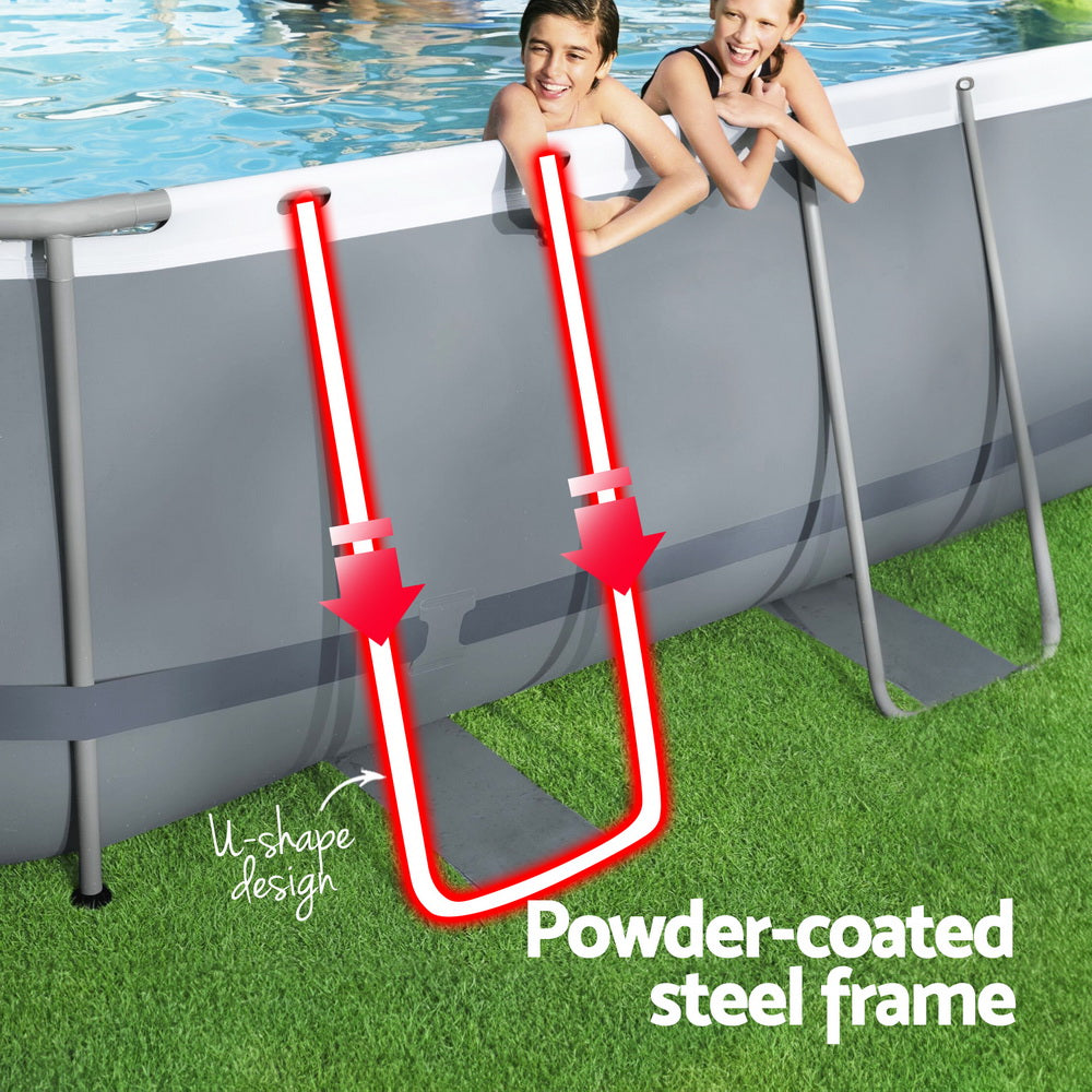 Pool ladder attached to gray pool wall with U-shape design on lawn