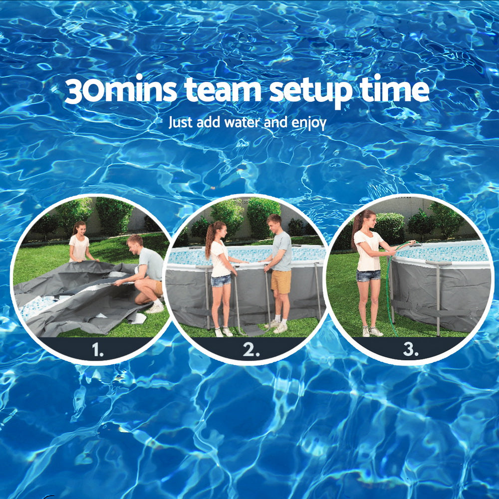 Above-ground swimming pool with blue water and three setup steps illustrated