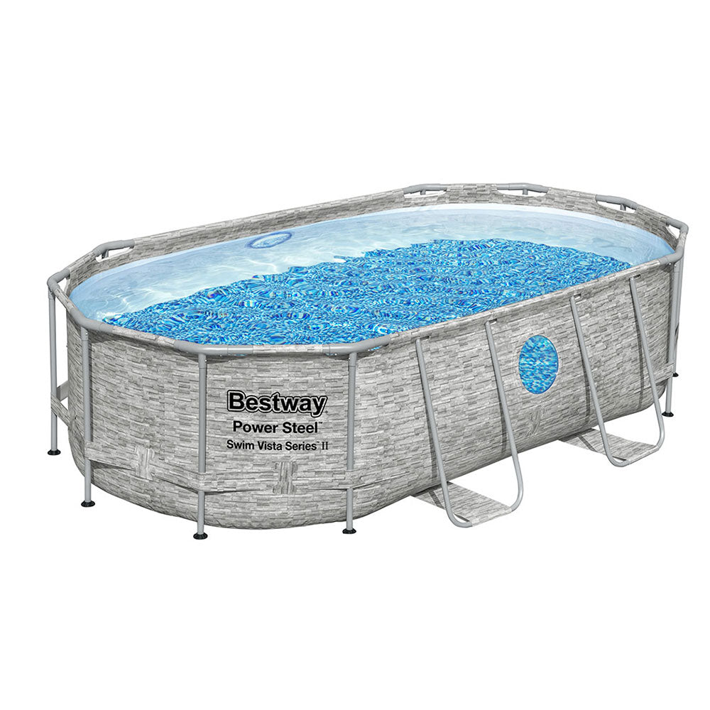 Round above-ground swimming pool with gray steel frame and blue water basin