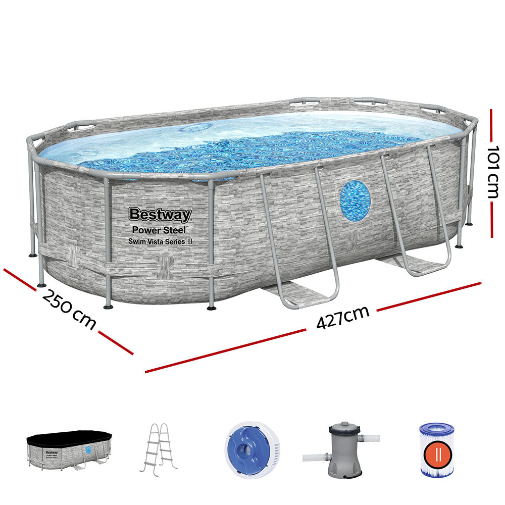 Round above-ground swimming pool with gray textured sides and ladder steps