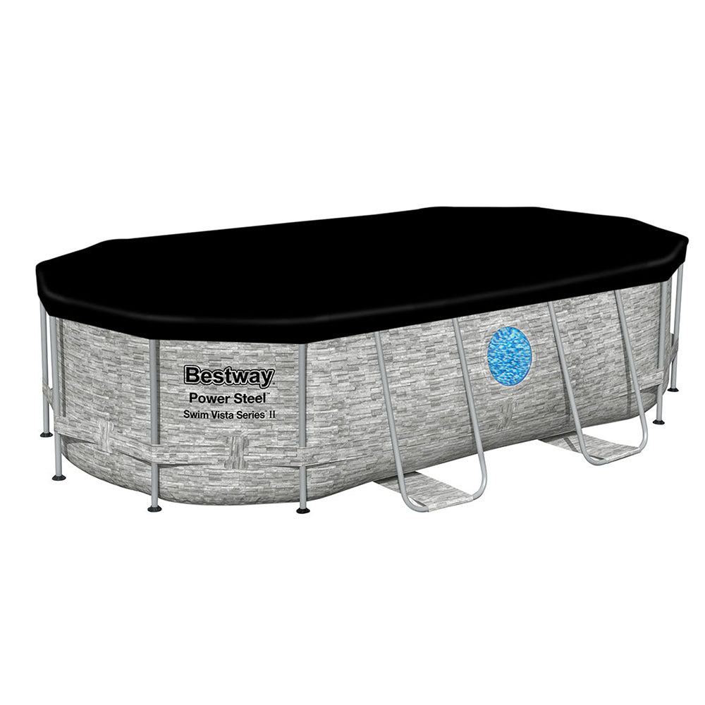 Round above-ground swimming pool with black cover and gray steel frame