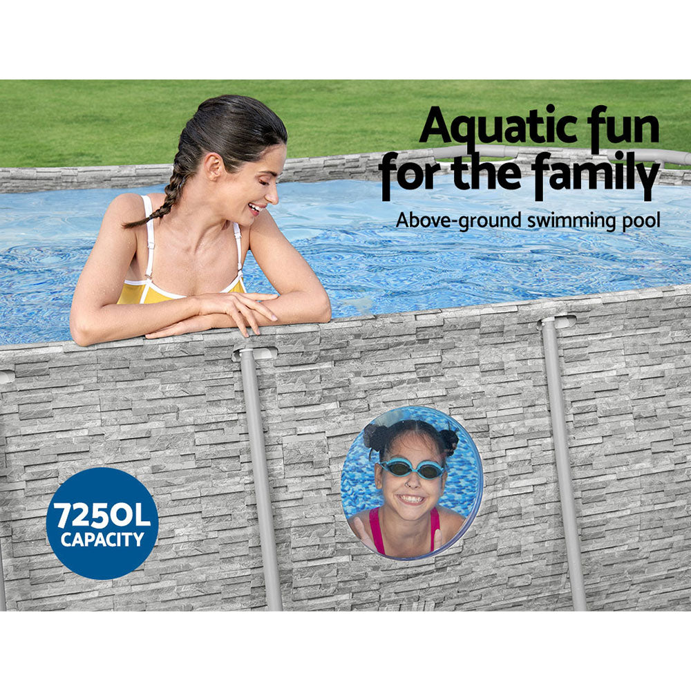 Above-ground swimming pool wall with round opening and visible blue water inside