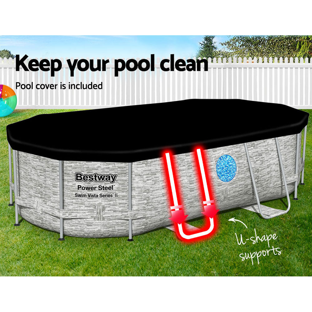 Covered above-ground swimming pool with gray frame and U-shaped support brackets