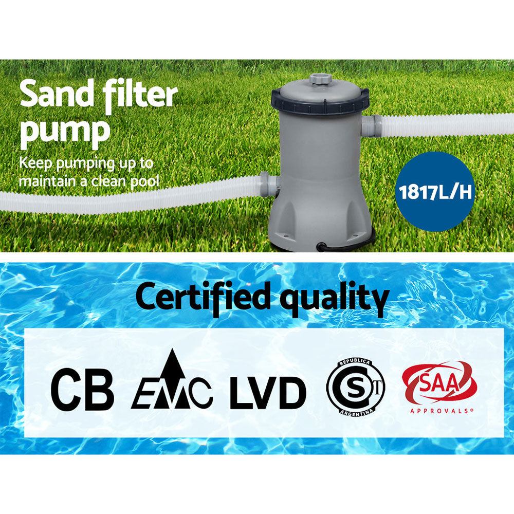 Sand filter pump for above-ground pool with gray housing and top outlet