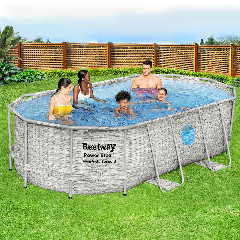 Round above-ground swimming pool with gray steel frame, blue water, and ladder side