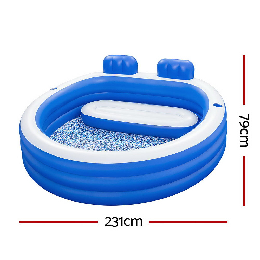 Blue-and-white inflatable kids pool with white inner ring and two raised headrests