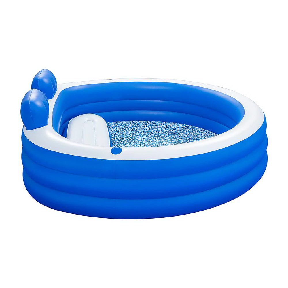 Inflatable kids pool with blue sidewall, white interior, and central drain outlet