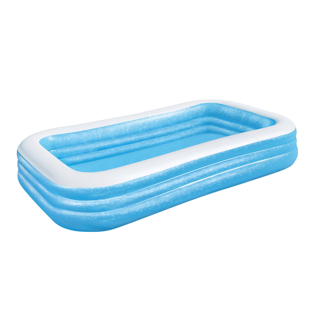 Inflatable rectangular kids pool with blue walls, white top rim, and shallow blue interior